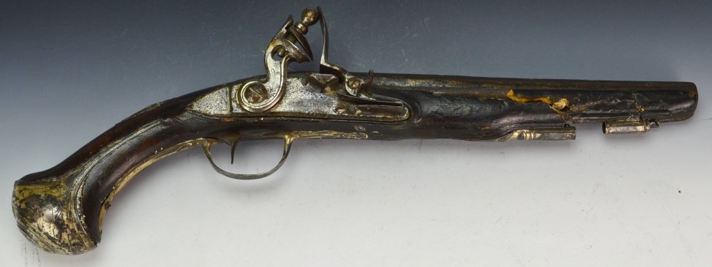 Jean-Baptiste La Roche Pistol: Jean-Baptiste La Roche Pistol circa 1750. It was made by the Gunmaker to Louis the XV, Flamed butt cap w/ Portrait, cock plate marked "La Roche" but worn and barely legible, barrel loose from wooden f
