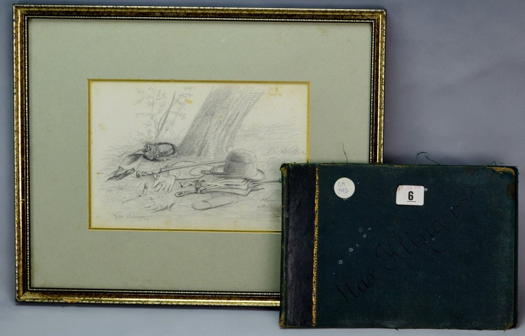 Max Klinger: 1857 - 1920, German. Includes sketch book, cover only, with sketches to interior front and framed pencil sketch measuring 17" x 14" framed, 10" x 6.75" viewable SDLL '79. Sketch does have minor foxing