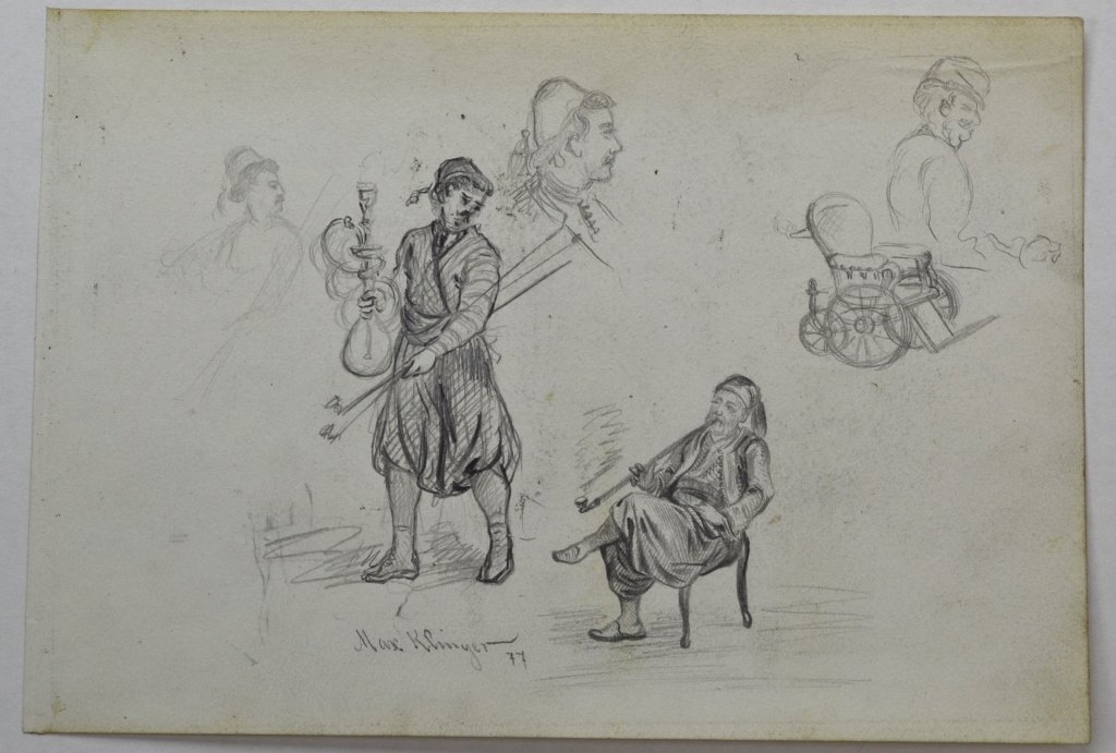 Max Klinger: 1857 - 1920, German. Pencil sketch, " SDC '77. With opium den and wheelchair sketch. 7" x 10" Being offered again due to non-payment from 2/20/16 auction.