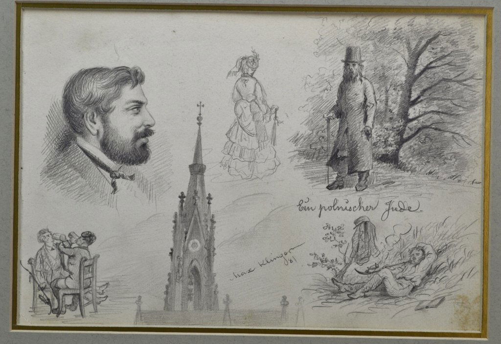 Max Klinger: 1857 - 1920, German. Pencil sketch, " SDC '80. With a Polish Jew, a gentleman's profile, a cathedral, and others relaxing. Being offered again due to non-payment from 2/20/16 auction.