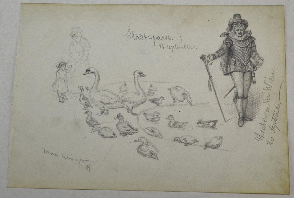 Max Klinger: 1857 - 1920, German. Pencil sketch, SDLL '81. With Stadt-Park 15 Sept., and an actor from Theater ander Wien, 20 Sept. 7" x 10" Being offered again due to non-payment from 2/20/16 auction.