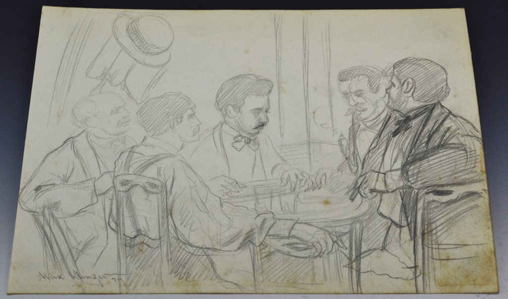 Max Klinger: 1857 - 1920, German. Pencil sketch, SDLL '79. Gentleman gambling. 7" x 10" Being offered again due to non-payment from 2/20/16 auction.
