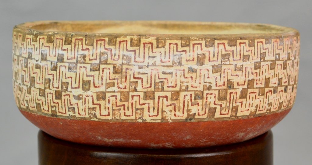 Diaguita Polychrome Bowl: Chile, 1250-1500 A.D., rounded bottom with triple band polychrome decoration. 7.5" x 3.5". From the collection of Professor Robert Williamson, Lehigh University. Being offered again due to non-payment
