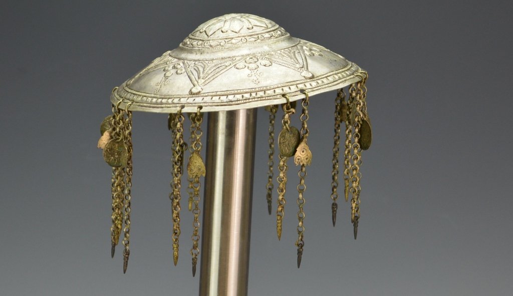 Ottoman Islamic Silver Headdress Top: Headdress top contains coins from the Reign of Abdul Hamid II between 1906 and 1907. Measures: 5" with 8 coins and ornamentation.