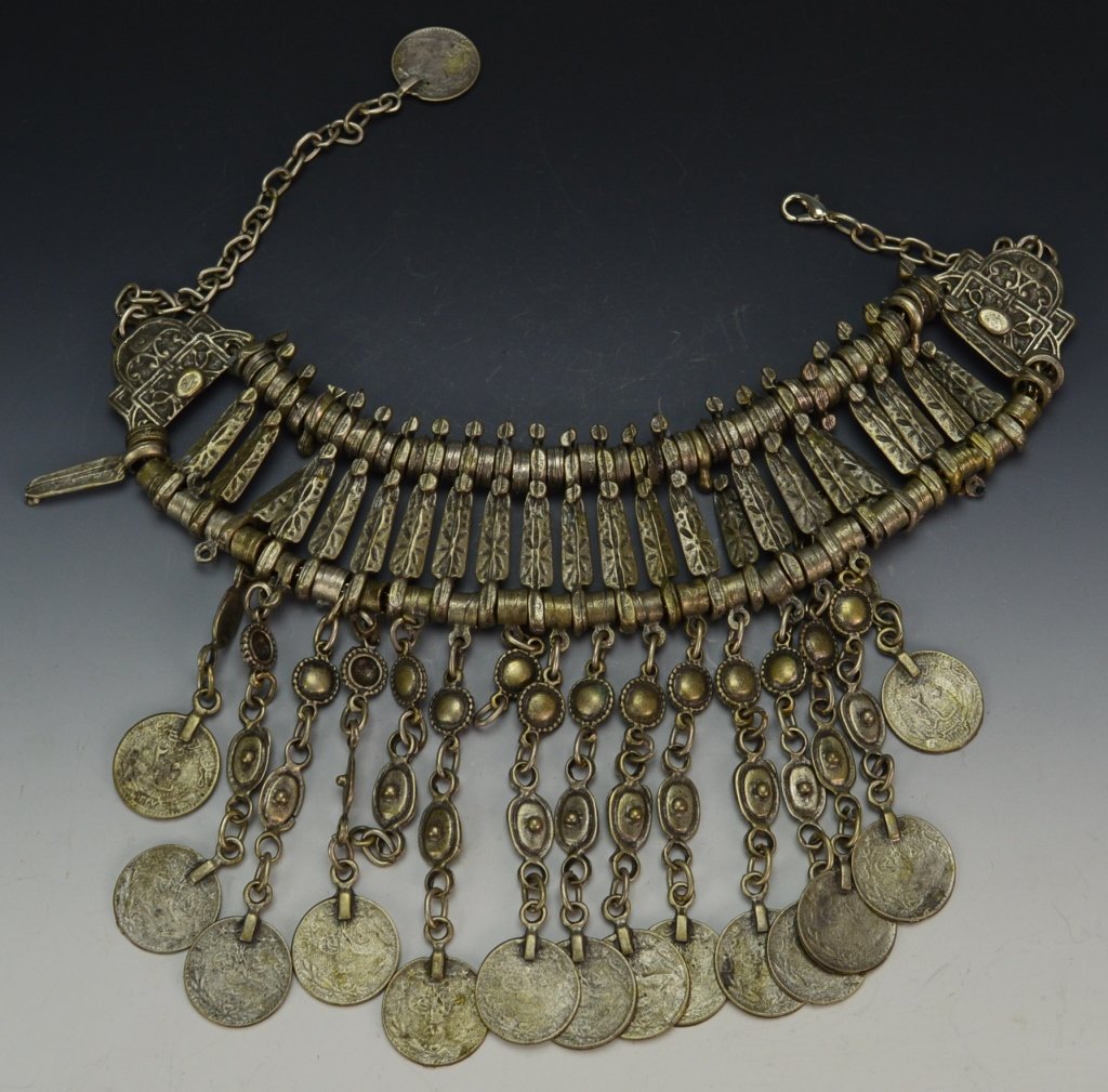 Ottoman Silvered Metal Necklace: contains 15 Islamic coins, measures: 14.5" x 4.5". 2 segments need minor repair.