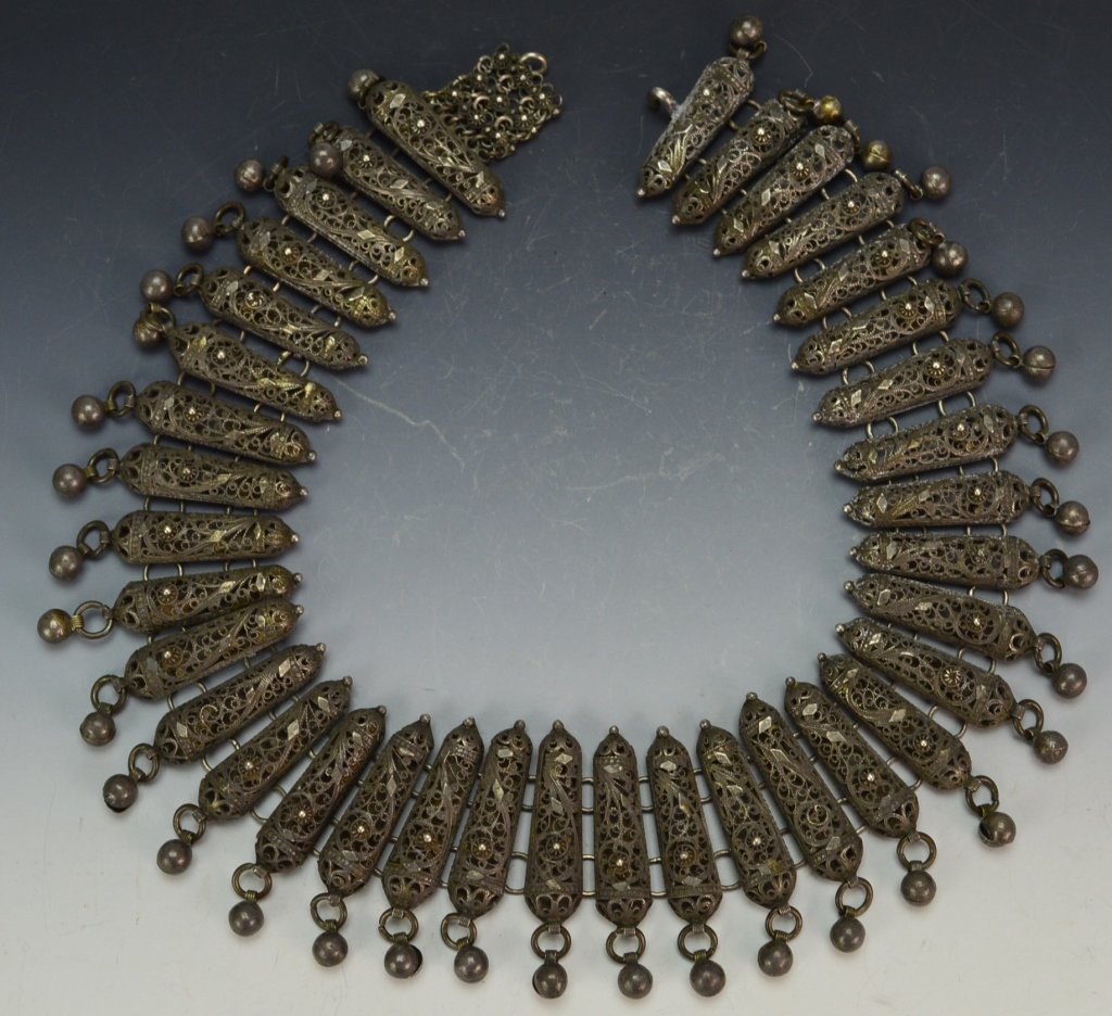 Islamic Ottoman Necklace: Ornate Ottoman Necklace includes 36 bells, no bells are missing, latch is still present, measures: 2" x 16"