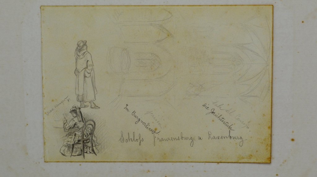 Max Klinger: 1857 - 1920, German. Pencil sketch, " SDML '81. Of a seated lady, a standing gentleman, and a study of the inside of a cathedral. Measures 10" x 7" Being offered again due to non-payment from 2/20/16