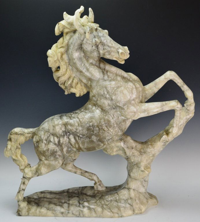 Marble Statue of Rearing Horse: Large marble or alabaster statue of a rearing horse with flowing mane. Appears to have repair, please see photo. Unsigned. Measures 27" x 8" x 30"