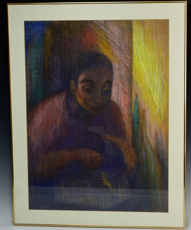 Zundel Pastel: Pastel of Older man with bird, measures 34" x 26.5" framed, 29" x 21.5" actual. local artist from Brooklyn NY showing of work at Brooklyn museum