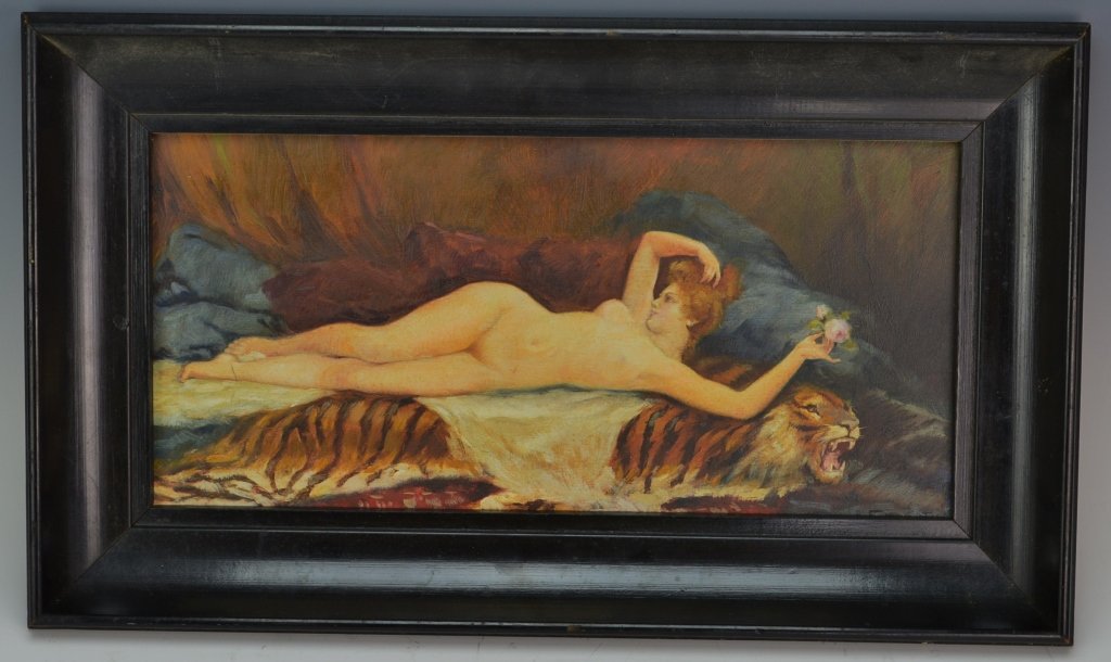 Gino Danti: oil on board, nude on tigerskin rug. Measures 19.25" x 11.25" framed, and 16" x 7.75" actual. SLR