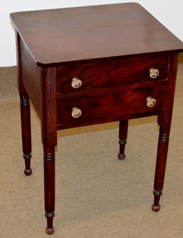 Antique Work or Sewing Tabls: Antique two drawer work table or sewing stand. Circa 1840. measuring 29" by 21" by 19"