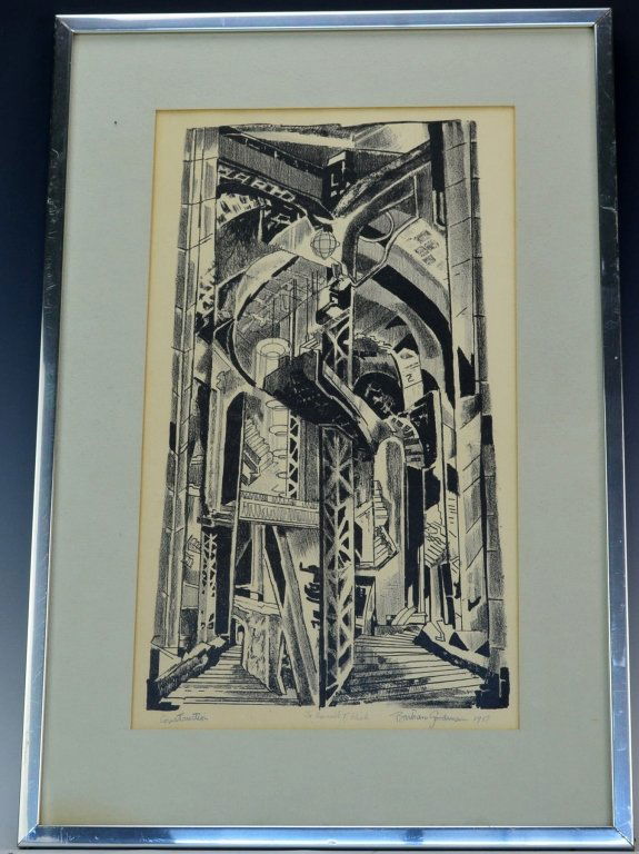Bertram Goodman: "Construction" To: Samuel Rich, Pencil Signed. SDLR 1951. Lithograph. Measures 21" x 14" framed, 16" x 9 viewable