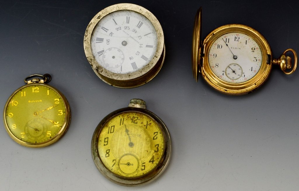 Pocket Watch Lot: Pocket watch lot, 1 Ingram pocket watch with silvered metal case, a set of great northern works 17 jewels 6 positions(as is) in a shipping case marked''P.S. Bartlett'' movement Waltham Watch Co. size
