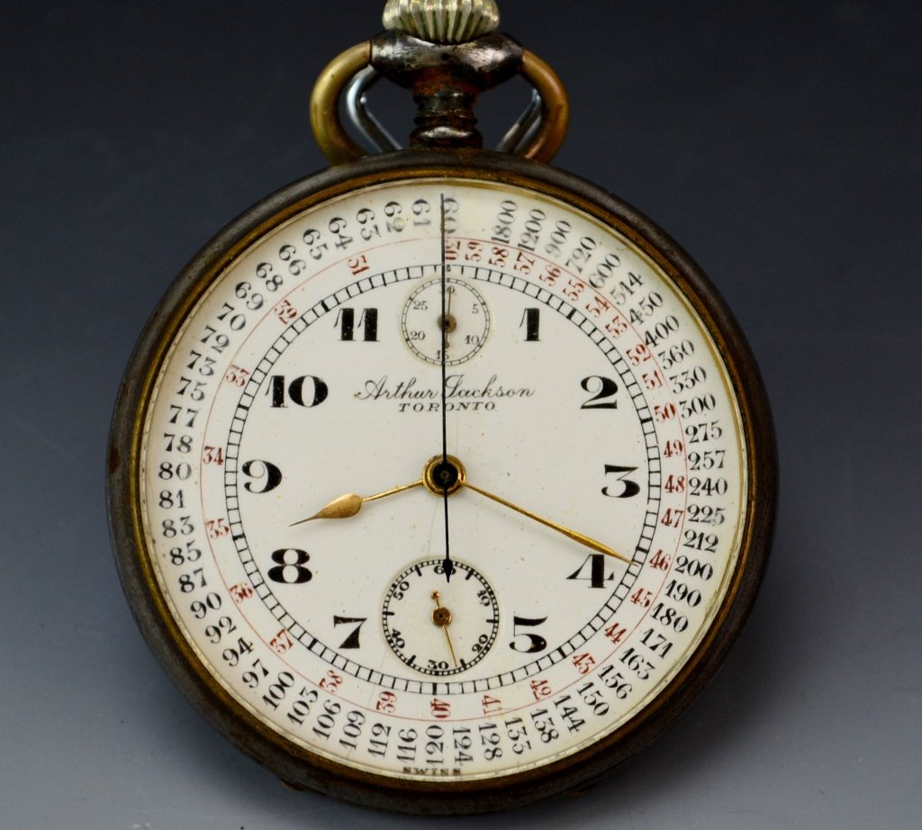 Antique Arthur Jackson Tachometer Pocket Watch: A fine antique 3 dial pocket watch in a silvered metal case, case marked 283144 Swiss , movement marked Swiss, dial marked Toronto, fine hairlines to face, Due to the sensitivity of watches all are so