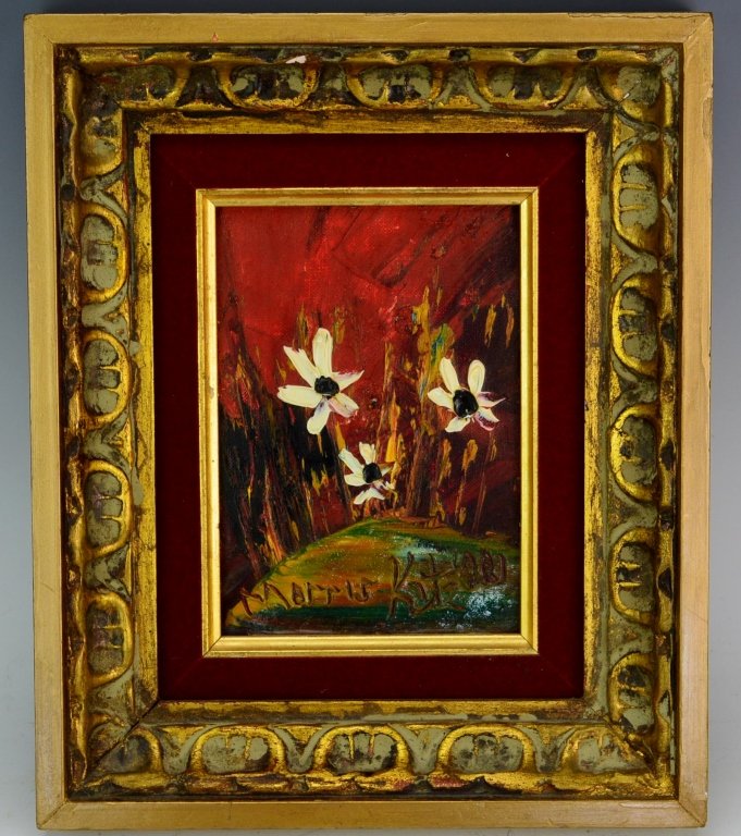 Morris Katz: Original Morris Katz oil on board. SDLR 1981. Floral design. Measures 12" by 10" framed, 7" by 5" without frame