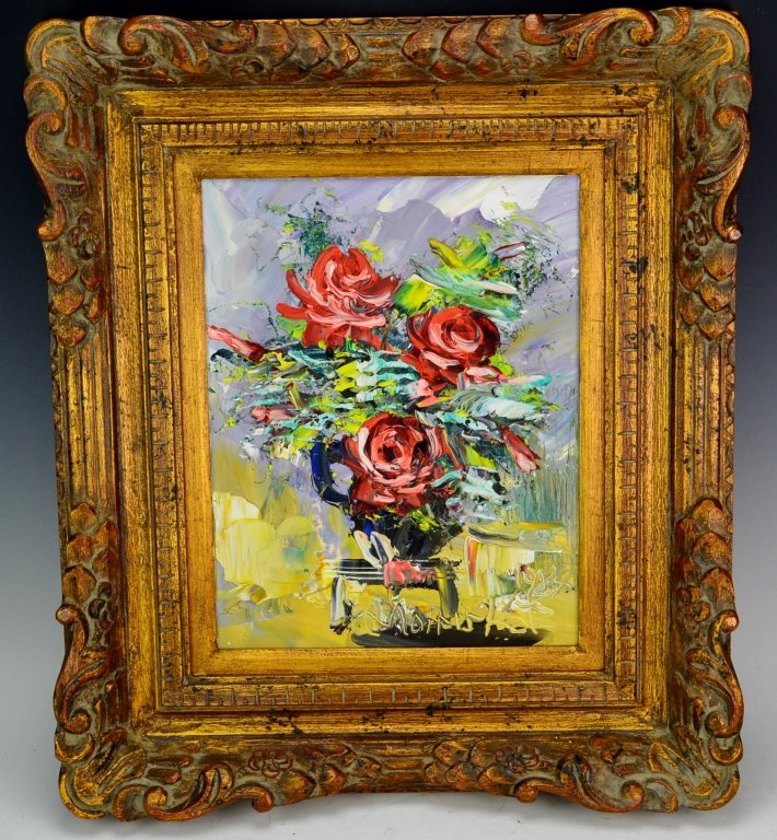 Morris Katz: Original Morris Katz oil on board. SLR, Floral design. Dated January 21st, 1984 on back. Measures 21"h by 18.5"w with frame, 14"h by 11.25"w without frame.