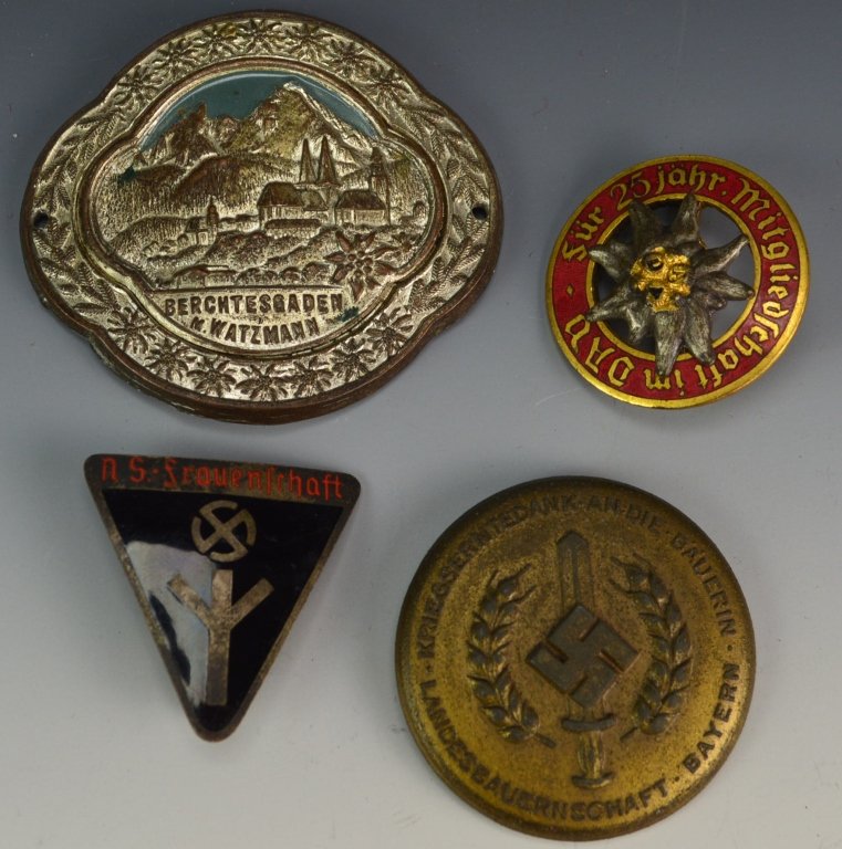 German WWII Pin Grouping: Includes NS Frauenschaft Badge m1/72, German female farmers pin which reads KRIEGSERNTEDANK AN DIE BAUERIN" On top and bottom reads "LANDESBAUERNSCHAFT BAYERN". Nice gold color and strong back pin, DA