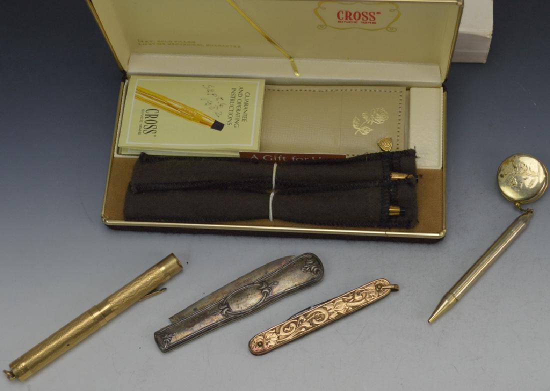 Vintage Fountain Pen and Knife Grouping: Grouping includes (5) pieces: including a Wahl Gold Filled Fountain Pen (made in U.S.A), brooch with retractable pencil, 14K Gold Filled Lifetime Mechanical Guarantee Cross Pen Pair with original pape