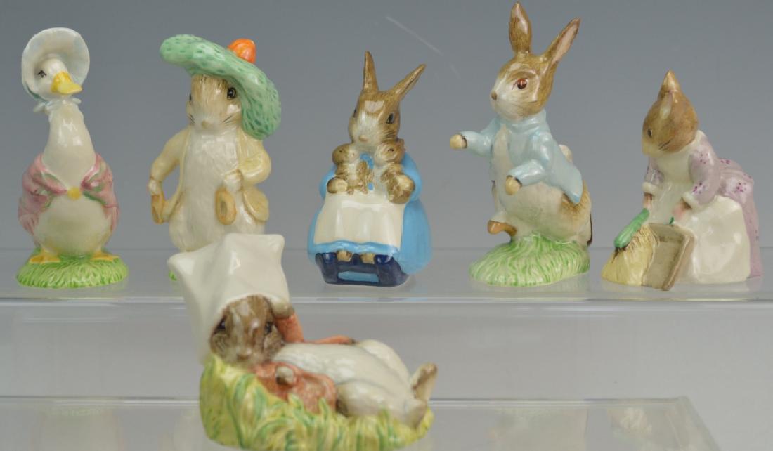 Royal Albert Beatrix Potter Grouping: Includes: Jemima Puddleduck, peter rabbit, Hunca Munca Sweeping, Mrs. Rabbit and Bunnies, Benjamin Wakes up, benjamin Bunny, measures range from: 2.5" to 5"