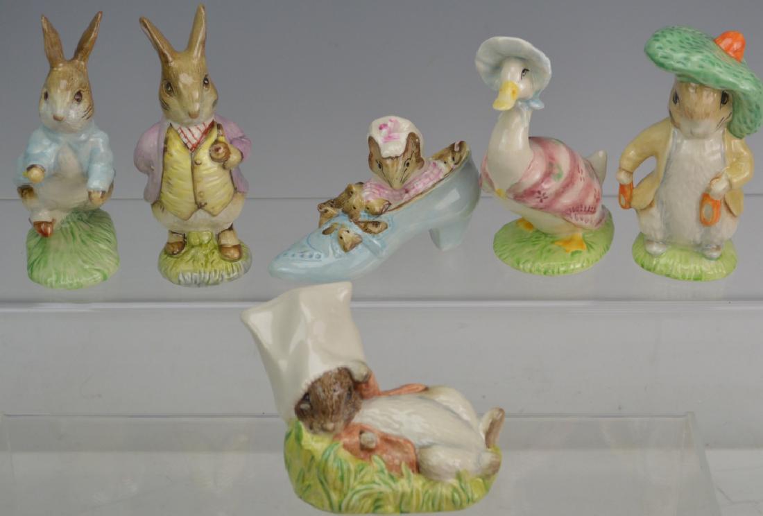 Royal Albert Beatric Potter Grouping: Includes: Jemima Puddleduck, the Old Woman, Peter Rabbit, Benjamin Wakes Up, Benjamin Bunny, Mr. Benjamin Bunny measures range from: 2.5" to 5"