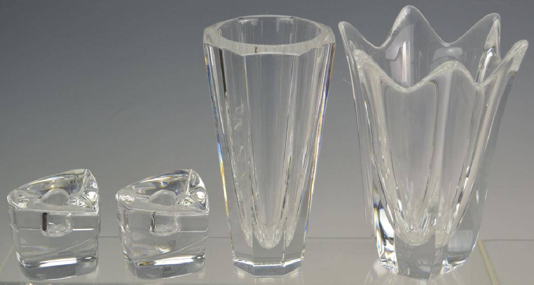 Orrefor Crystal Grouping: Includes (2) Orrefor vases both approx. 8'' h, and (2) Orrefor candle sticks