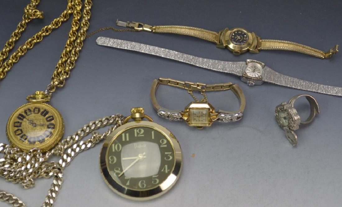 Pocket and Wrist Watch Grouping: Pocket and Wrist Watch Grouping includes a total of (6) pieces, including wrist, pocket, and ring watches. Some are decorated with marcasites by various makers including Gruen, Lady Elgin, Whittanuer,