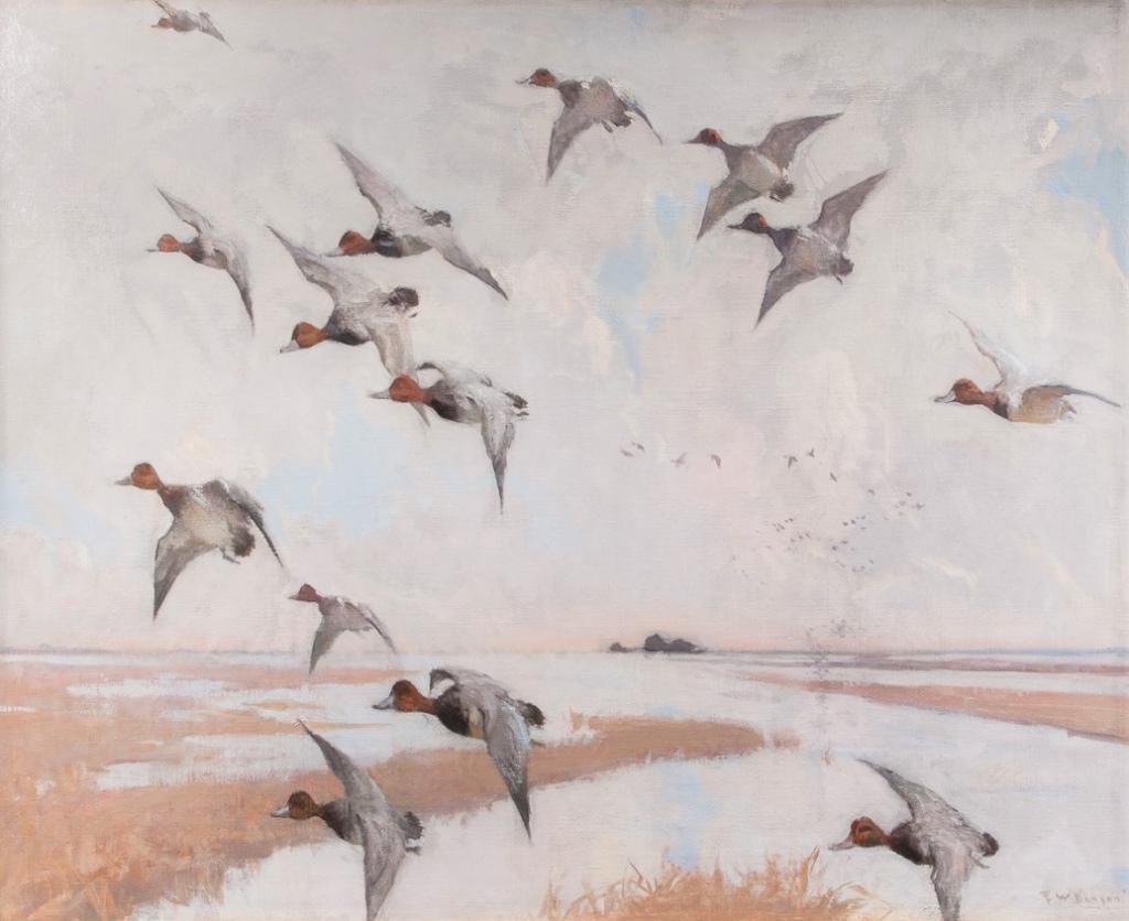Frank W. Benson (1862-1951) Redheads in Flight: Frank W. Benson (1862-1951) Redheads in Flight, 1916 signed and dated "F.W. Benson '16" lower right oil on canvas, 36 1/4 by 45 in. Frank Benson spent his boyhood hunting and fishing on the Essex Coun