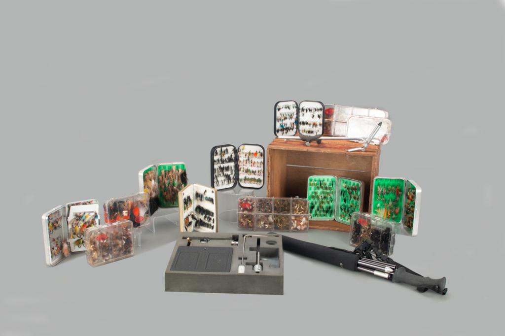 Lot of Thirteen Fly Boxes, Wading Staff, and Vice (1 of 18)
