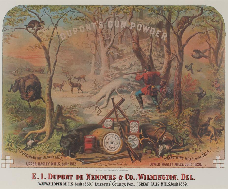 DuPont Gun Powder Advertising Poster: DuPont Gun Powder Advertising Poster after Louis Maurer (1832-1932) print, 17 3/4 by 22 in. As found. Provenance: William K. du Pont Collection