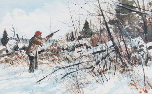 Chet Reneson (b. 1934) Winter Grouse: Chet Reneson (b. 1934) Winter Grouse signed "Reneson" lower right watercolor, 13 by 21 in.