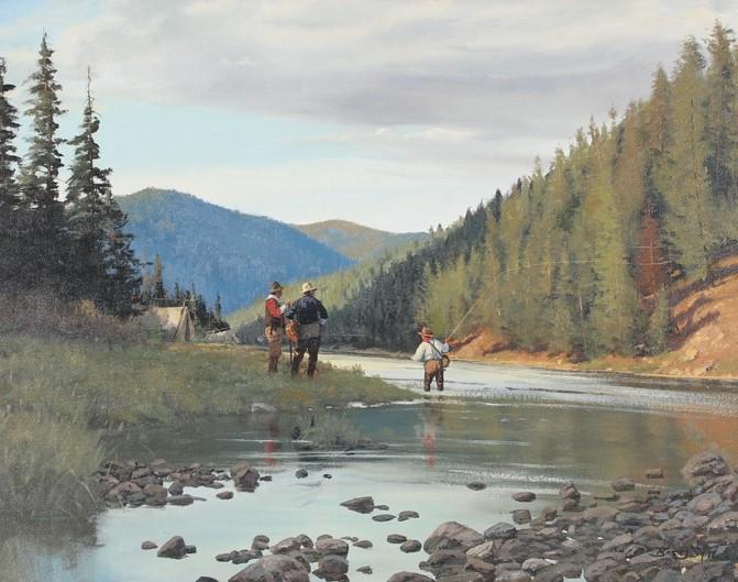 Brett James Smith (b. 1958), Fishing by Camp: Brett James Smith (b. 1958) Fishing by Camp signed "Brett J Smith" lower right oil on canvas, 19 by 24 in. signed and titled on back