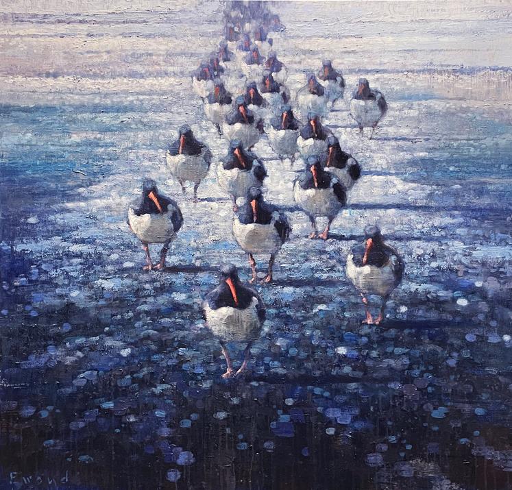 Ewoud de Groot (Dutch, b. 1969), Marching: Ewoud de Groot (Dutch, b. 1969) Marching Oystercatchers, 2021 signed "Ewoud" lower left oil on linen, 43 by 43 in.