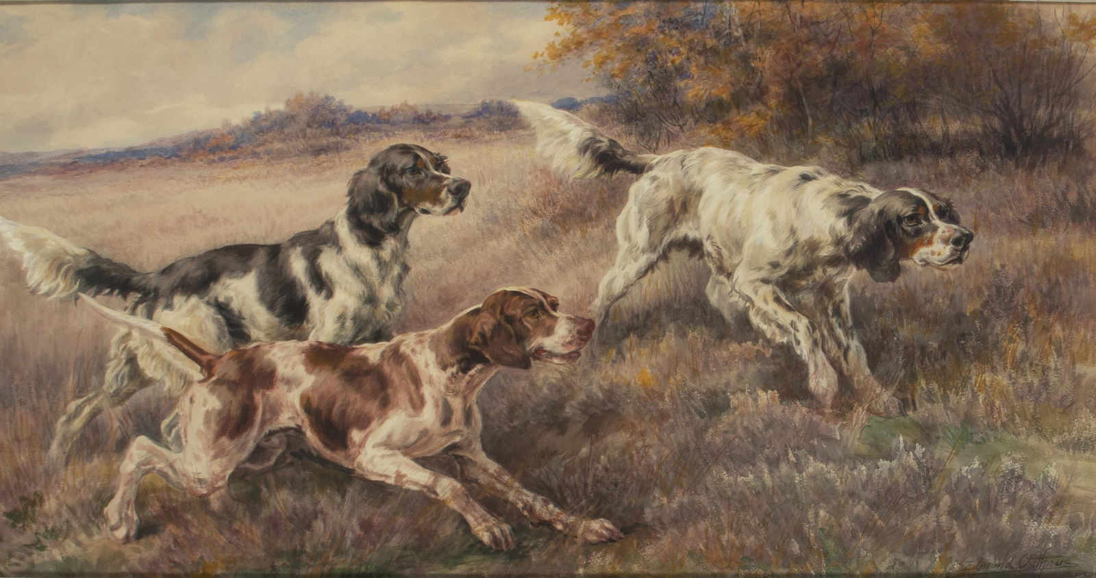 Edmund Henry Osthaus (1858-1928), Three Setters: Edmund Henry Osthaus (1858-1928) Three Setters, c. 1900 signed "Edmund Osthaus" lower right watercolor and gouache, 20 by 39 in. The original owner of this painting of three setters lived on an estate