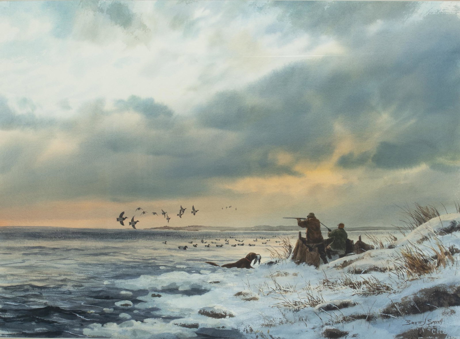 Brett James Smith (b. 1958), Retriever and Two Hunters: Brett James Smith (b. 1958) Retriever and Two Hunters signed "Brett J Smith" lower right watercolor, 21 1/4 by 29 in. Provenance: Private Collection, New Jersey