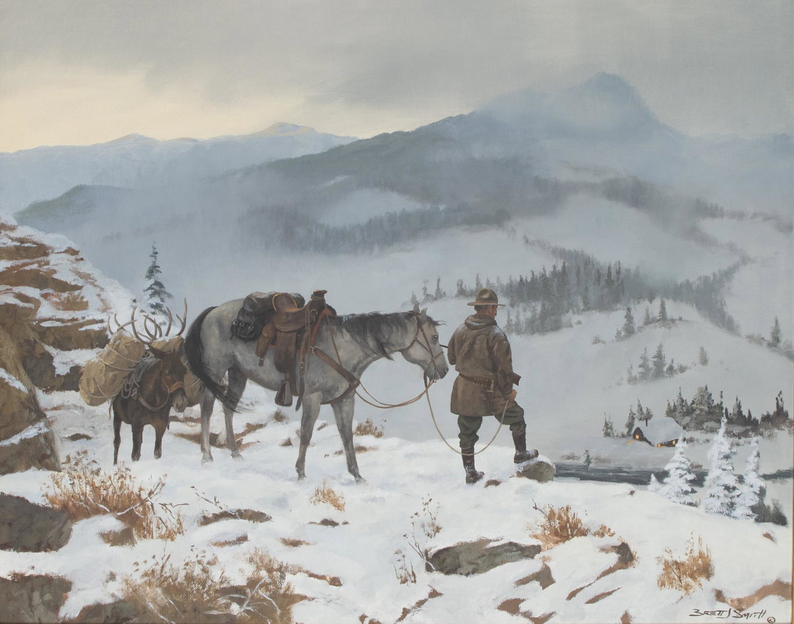 Brett James Smith (b. 1958), Back with Meat: Brett James Smith (b. 1958) Back with Meat signed "Brett J. Smith Â©" lower right oil on canvas, 24 by 30 in. A fine oil depicting a hunter returning from a successful elk trip. Provenance: Thomas W