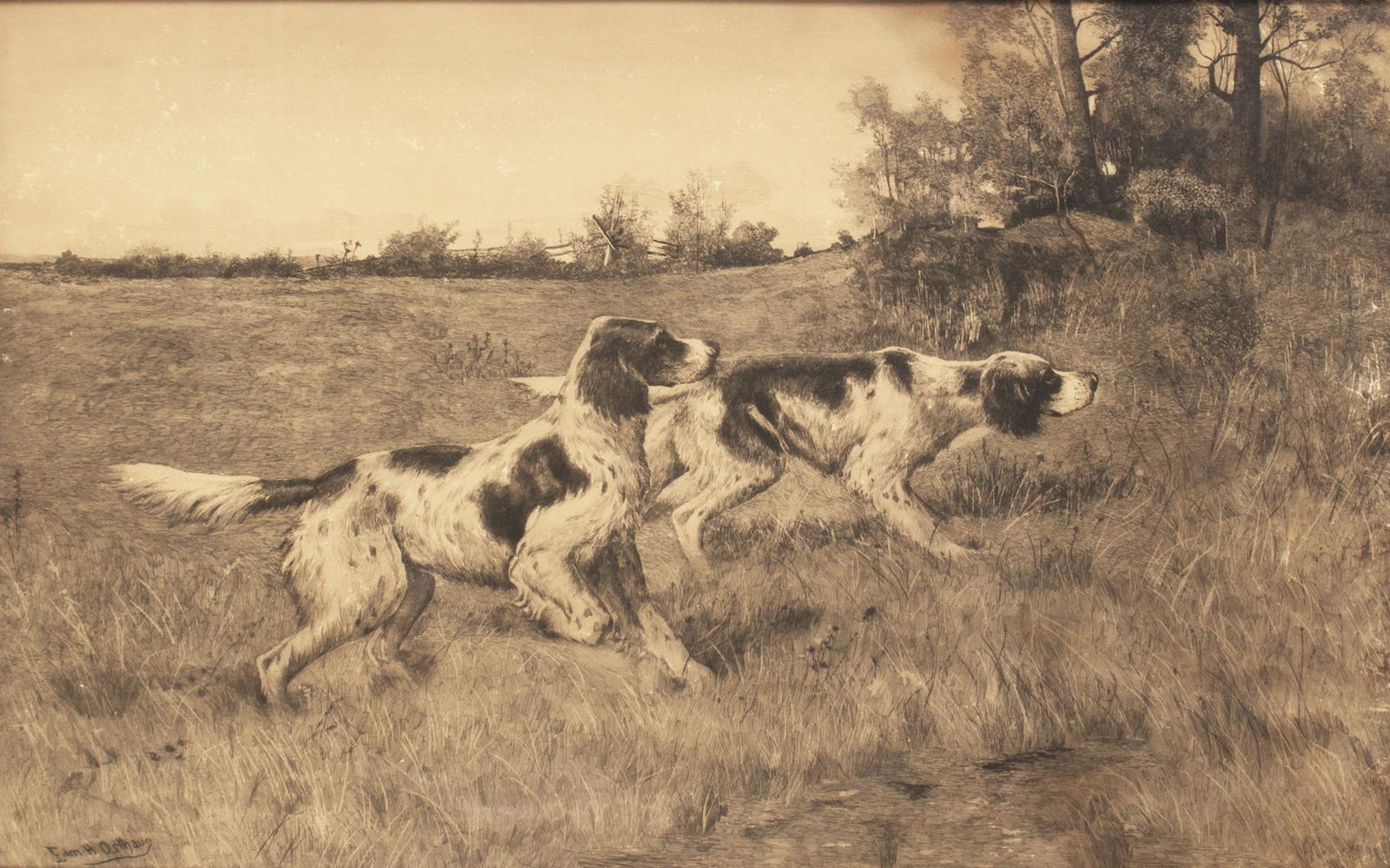 Edmund Osthaus (1858-1928) & A. Hoeber(1854-1915), English Setters: Edmund Osthaus (1858-1928) & A. Hoeber(1854-1915) English Setters, 1892 signed and dated "Edm. H. Osthaus 1892" in plate lower left and "Arthur Hoeber" in plate lower right etching, 18 1/2 by 29 3/4 i