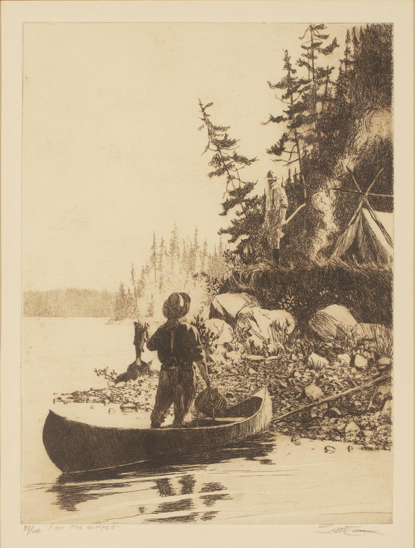 Brett James Smith (b. 1958), Three Etchings: Brett James Smith (b. 1958) Three Etchings each signed "Brett Smith" lower right "Fish for Supper"12 by 9 in. edition 88 of 100 "The Fly Caster" 4 1/2 by 12 in. edition 69 of 100 "The Bighorn" 4 1/2 b