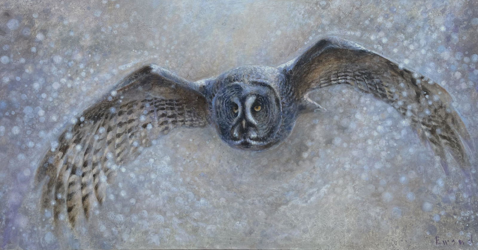 Ewoud de Groot (b. 1969), Great Gray Owl: Ewoud de Groot (b. 1969) Great Gray Owl, 2022 signed "Ewoud" lower right oil on linen, 28 by 56 in. Ewoud de Groot lives and works in Egmond aan Zee, a coastal village in the Northern Netherlands. Aft