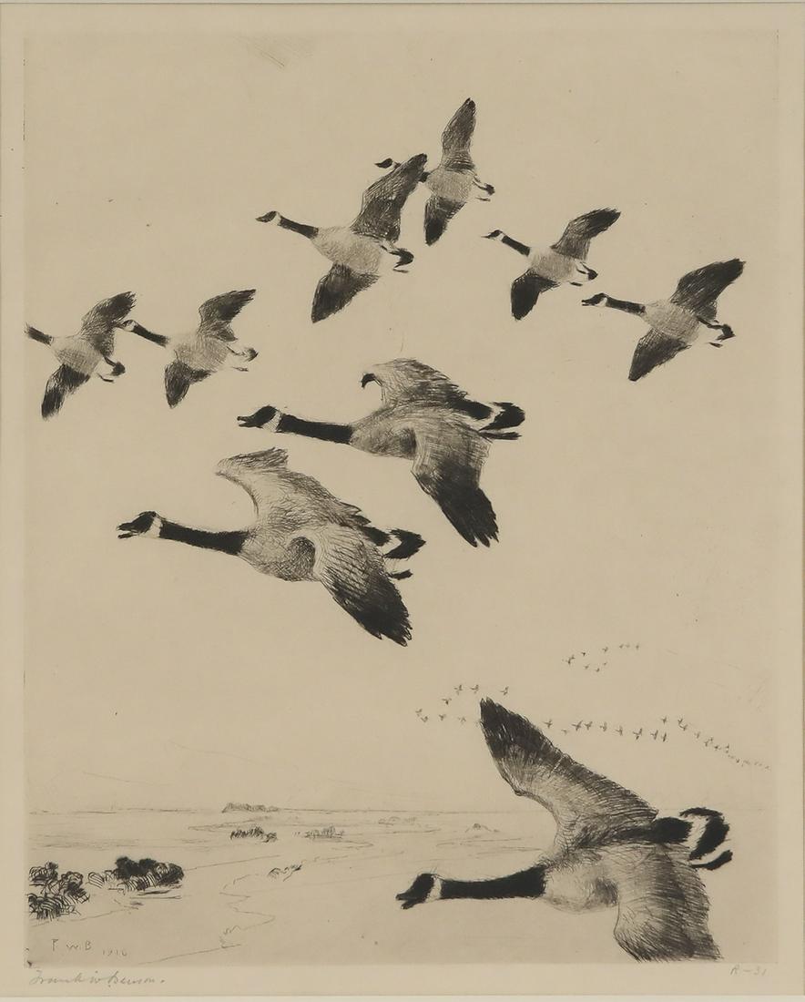 Frank W. Benson (1862-1951), Migrating Geese: Frank W. Benson (1862-1951) Migrating Geese, 1916 signed "Frank W Benson" lower right drypoint, 9 3/4 by 8 in. Paff #106, edition of 160 inscribed "R-31" lower right Provenance: Private Collection, Mi