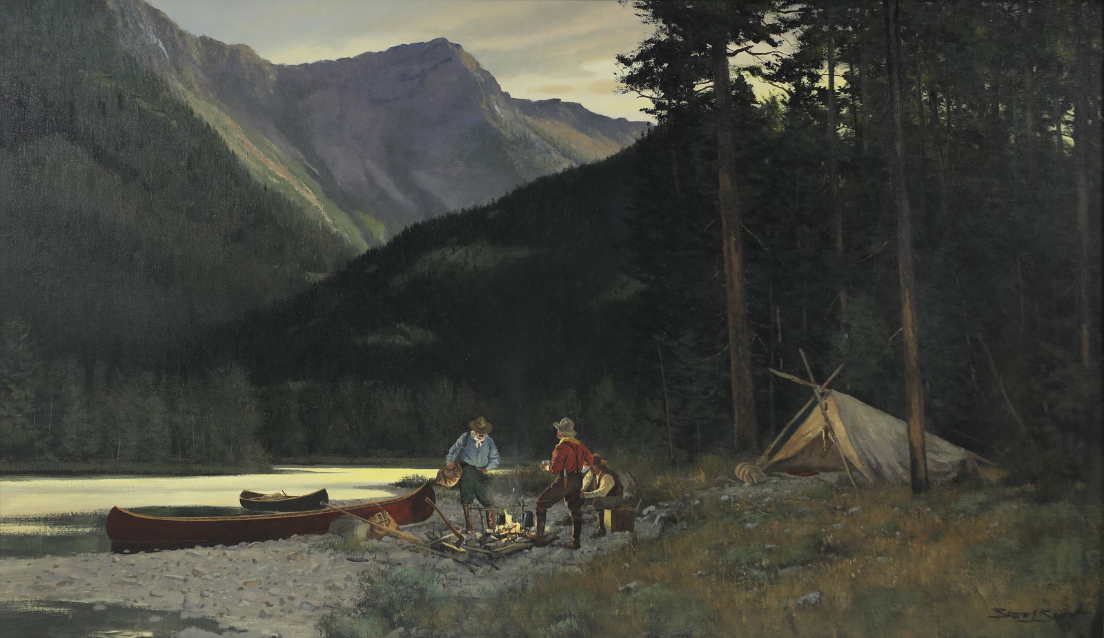 Brett James Smith (b. 1958), Flathead Camp: Brett James Smith (b. 1958) Flathead Camp signed "Brett J. Smith ©" lower right oil on canvas, 24 by 40 in. signed and titled on back Brett J. Smith was born on March 19, 1958, in New Orleans, Louisi