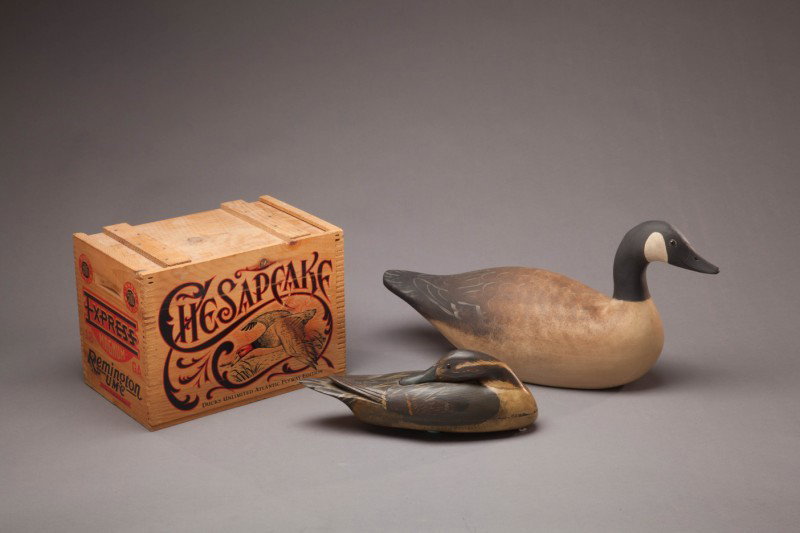 Two Contemporary Decoys and a Shot Box: Two Contemporary Decoys and a Shot Box A Canada goose carved in the Mason Decoy Factory style, c. 1990. A preening pintail drake with carved raised primaries, c. 1980 with an 'antiqued' finish. A wood