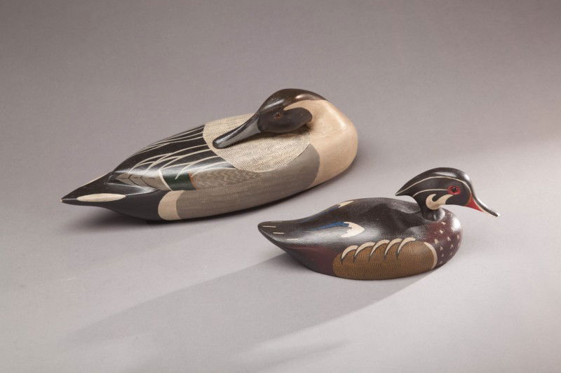 Two Vintage Decoys: Two Vintage Decoys 1974 A two-third-size wood duck drake by Dr. David A. Frier (1931-2010), Macomb, IL, signed and dated on the bottom. A life-size turned head pintail drake by Charles Moore, DeKalb,