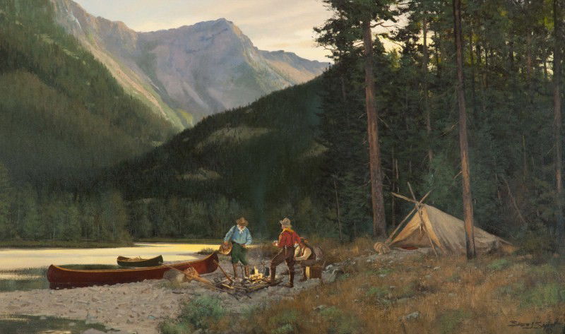 Brett James Smith (b. 1958): Brett James Smith (b. 1958) Camp on the Flathead Signed "Brett J. Smith ©" lower right Oil on canvas, 24 by 40 inches Thomas W. Sheppard Collection