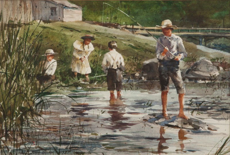 John Swan (b. 1948): John Swan (b. 1948) Children Fishing by the Brook, 1977 Signed and dated "John Swan 1977" lower left Watercolor, 9 by 13.5 inches This work is based on a photograph by Chansonetta Stanley Emmons (1857