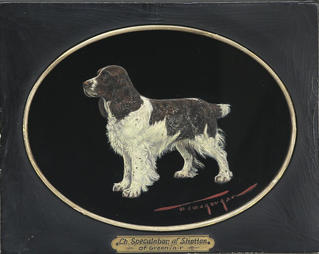 S. Edwin Megargee (1883-1958), Ch. Speculation of Shotton of Greenfair: S. Edwin Megargee (1883-1958) Ch. Speculation of Shotton of Greenfair signed "Megargee" lower right oil on glass, 6 by 8 in. “Speculation of Shotton of Greenfair, the striking liver and white Englis