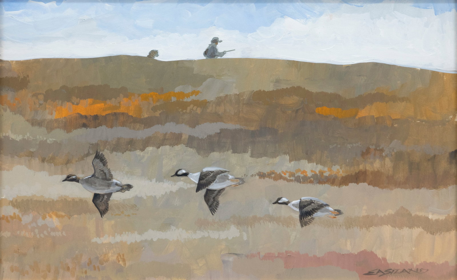 Timothy A. Eastland (1943-2023), Three Birds with a Hunter Over the Ridge: Timothy A. Eastland (1943-2023) Three Birds with a Hunter Over the Ridge signed "Eastland" lower right watercolor, 10 1/4 by 15 3/4 in. Condition: Very good, not examined out of frame. framed: 18 3/4 
