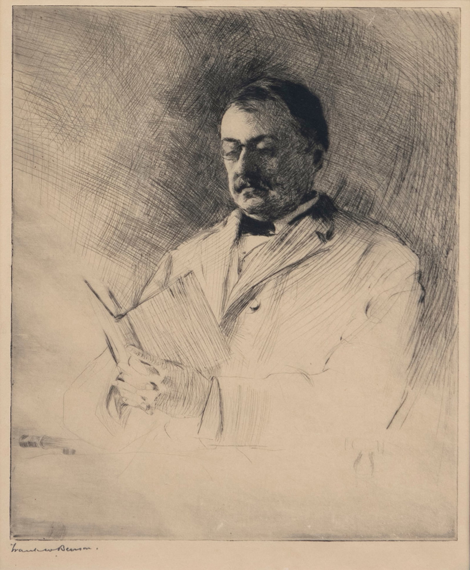 Frank W. Benson (1862-1951), Portrait of George R. Agassiz: Frank W. Benson (1862-1951) Portrait of George R. Agassiz, 1915 signed "Frank W Benson" lower left drypoint, 9 3/4 by 7 3/4 in. Paff #85, edition of 30 Condition: Very good, not examined out of frame.