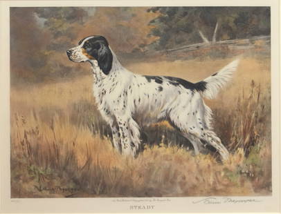 Edwin Megargee (1883-1958), Steady - English Setter: Edwin Megargee (1883-1958) Steady - English Setter, 1938 signed "Edwin Megargee" lower right hand-colored print, 13 by 16 3/4 in. published by The Derrydale Press, New York, edition 120 of 250