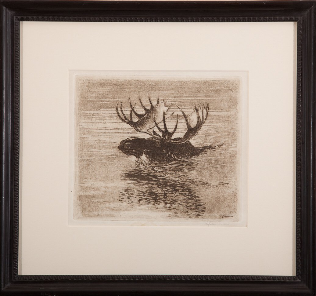 Will Simmons (1884-1949): Will Simmons (1884-1949) Swimming Bull Moose Signed "Will Simmons" lower right Etching, 7.5 by 8.5 inches