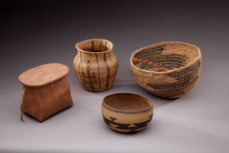 Four Small Native American Baskets: Four Small Native American Baskets This lot contains four baskets: a five by four-inch stitched, birch bark basket with lid; a six by six-inch Pima Olla basket, with cactus motif; a three by five-inch